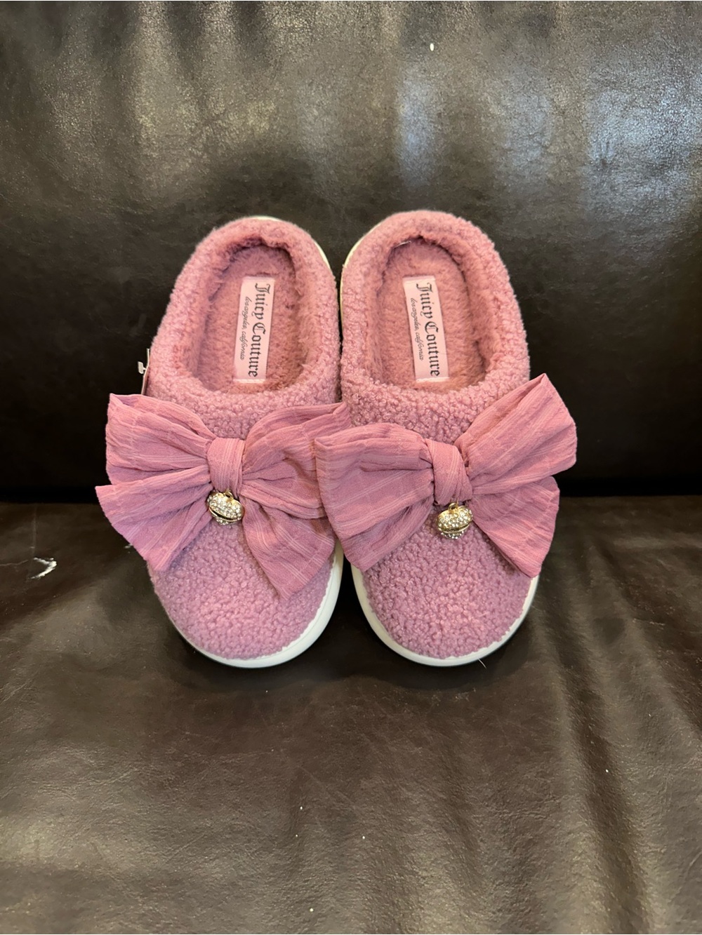Juicy Couture Plush Pink Bow Slip-On Slippers with Jewel Accent US 6.5